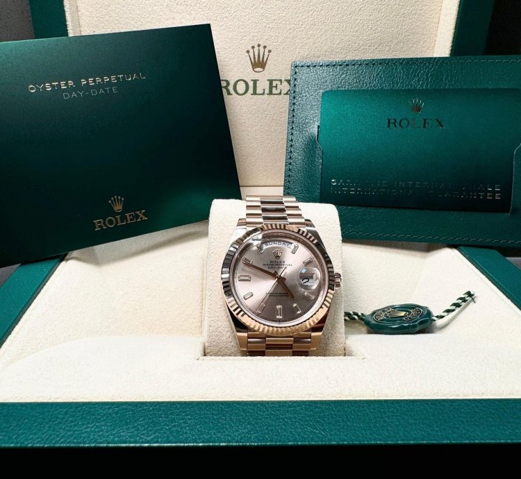 Rolex Day-date 40 Everose Sundust Baguette 12 2024 Neu Und Ungetragen Full Set