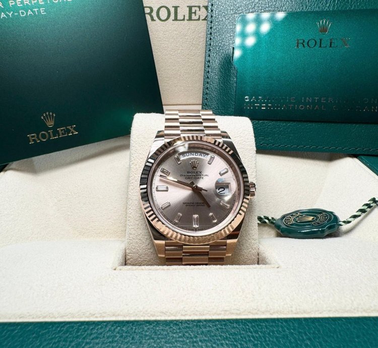 Rolex Day-date 40 Everose Sundust Baguette 12 2024 Neu Und Ungetragen Full Set