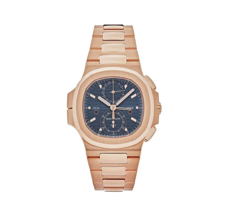 Patek Philippe Nautilus 5990 1r-001 Travel Time Chronograph Rose Gold Blue Dial