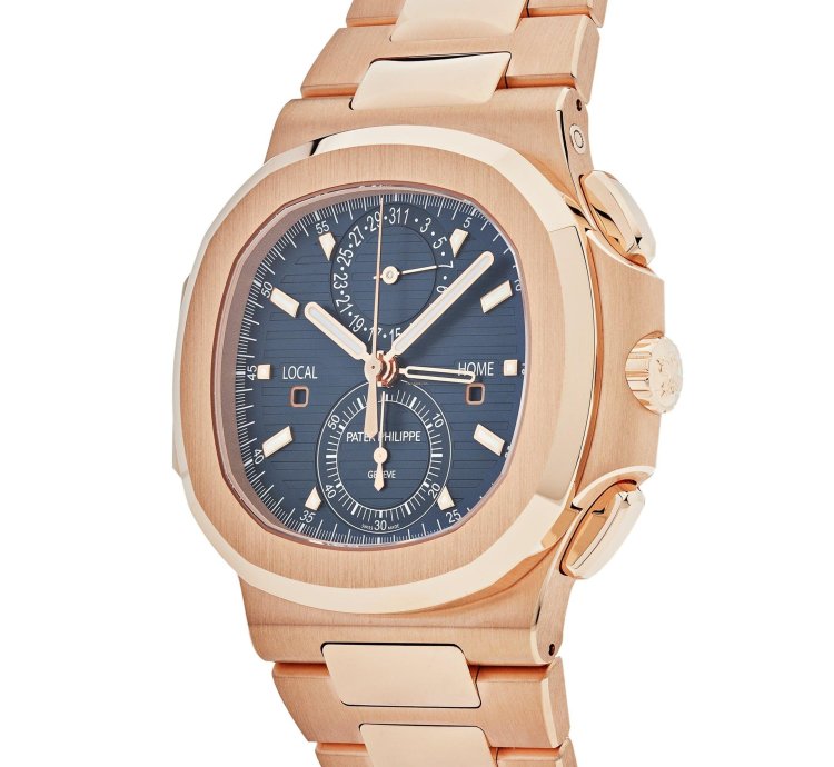 Patek Philippe Nautilus 5990 1r-001 Travel Time Chronograph Rose Gold Blue Dial