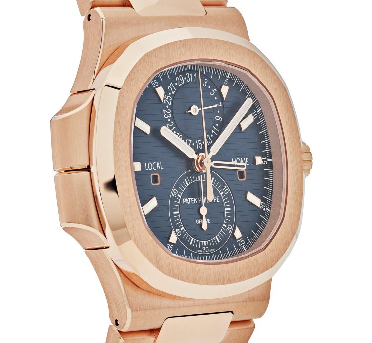 Patek Philippe Nautilus 5990 1r-001 Travel Time Chronograph Rose Gold Blue Dial