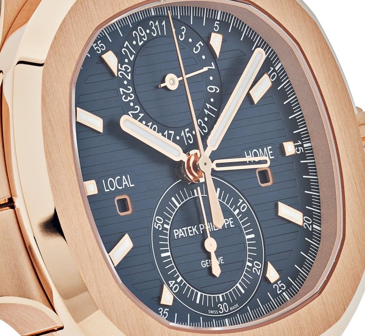 Patek Philippe Nautilus 5990 1r-001 Travel Time Chronograph Rose Gold Blue Dial