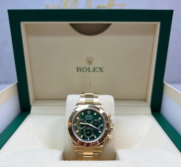 Rolex Daytona Green Dial Yellow Gold John Mayor Full Stickers Barcode And White Ta Discontinued