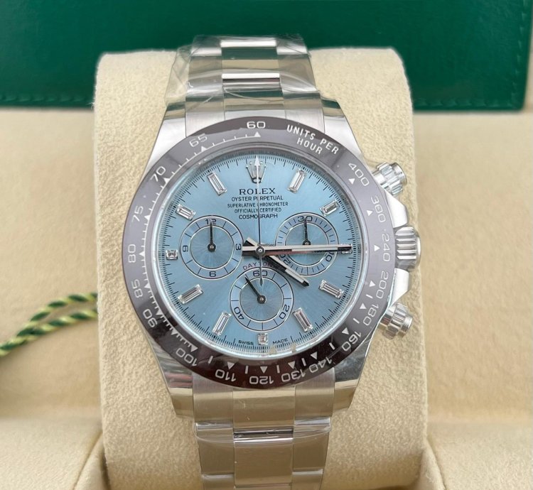 Rolex Daytona In Stock 2021 Daytona Ice Blue Baguette Index 116506 Platinum Oyster Bracelet
