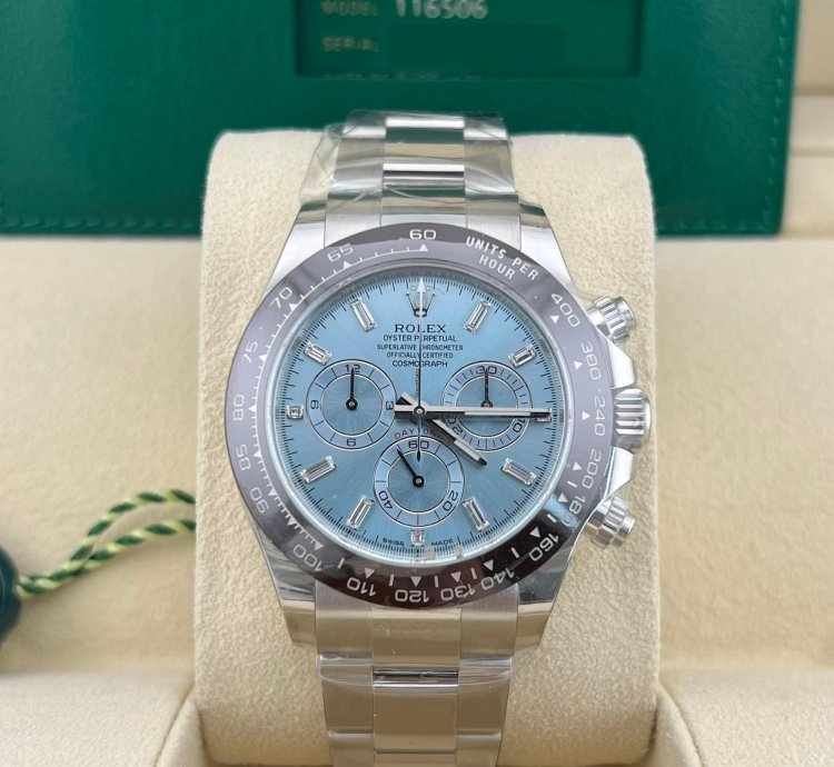 Rolex Daytona In Stock 2021 Daytona Ice Blue Baguette Index 116506 Platinum Oyster Bracelet