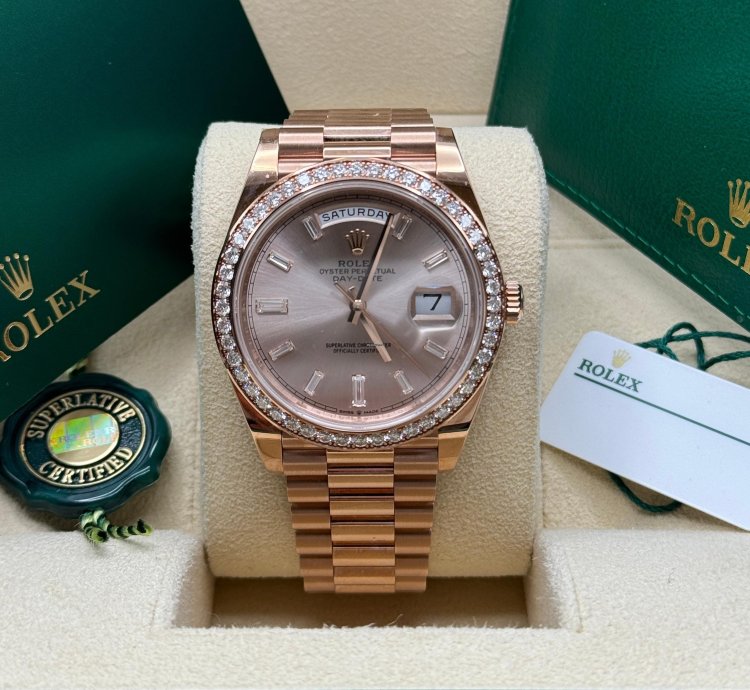 Rolex Day-date 40 New 2022 Sundust Pink Diamond Baguette Dial Diamond Bezel Rose Gold President
