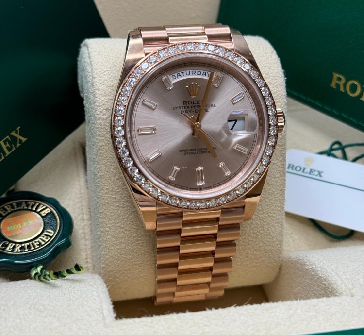 Rolex Day-date 40 New 2022 Sundust Pink Diamond Baguette Dial Diamond Bezel Rose Gold President