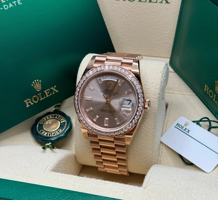 Rolex Day-date 40 New 2022 Sundust Pink Diamond Baguette Dial Diamond Bezel Rose Gold President