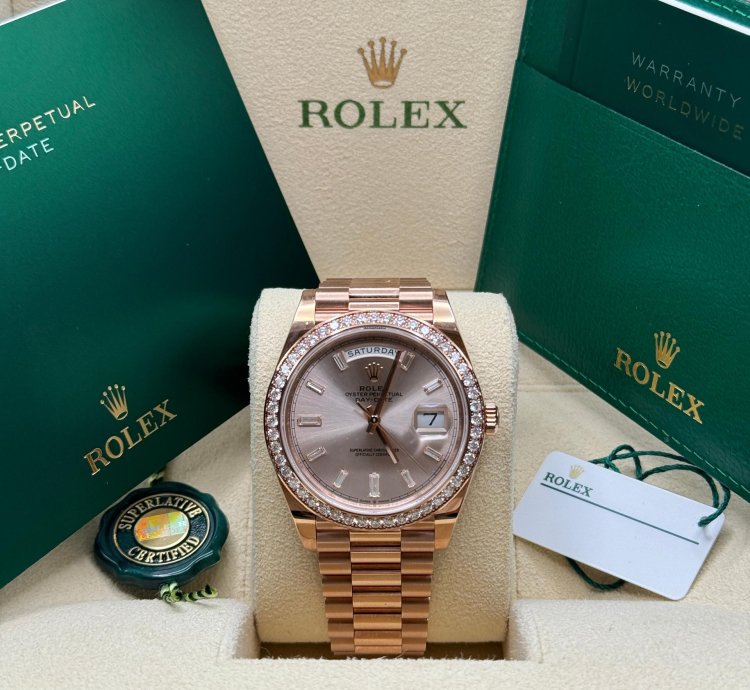 Rolex Day-date 40 New 2022 Sundust Pink Diamond Baguette Dial Diamond Bezel Rose Gold President