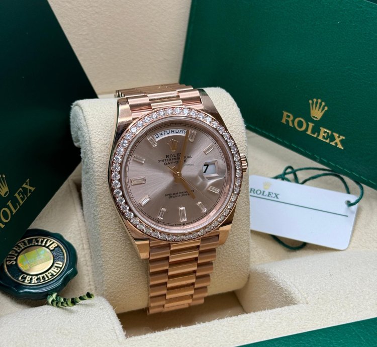 Rolex Day-date 40 New 2022 Sundust Pink Diamond Baguette Dial Diamond Bezel Rose Gold President