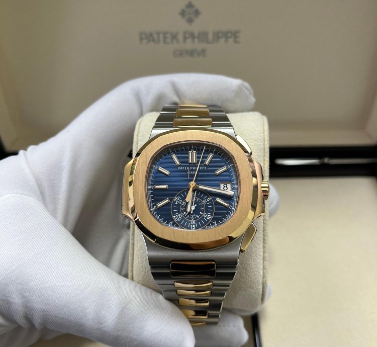 Patek Philippe Nautilus Chronograph Date 40 5mm Rose Gold Steel Blue Dial 5980 1ar-001