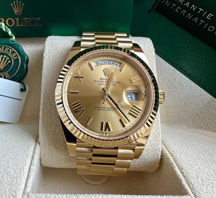 Rolex Day-date 40 New 2023 Champagne Gold Roman Dial President Bracelet Yellow Gold Fluted Bezel