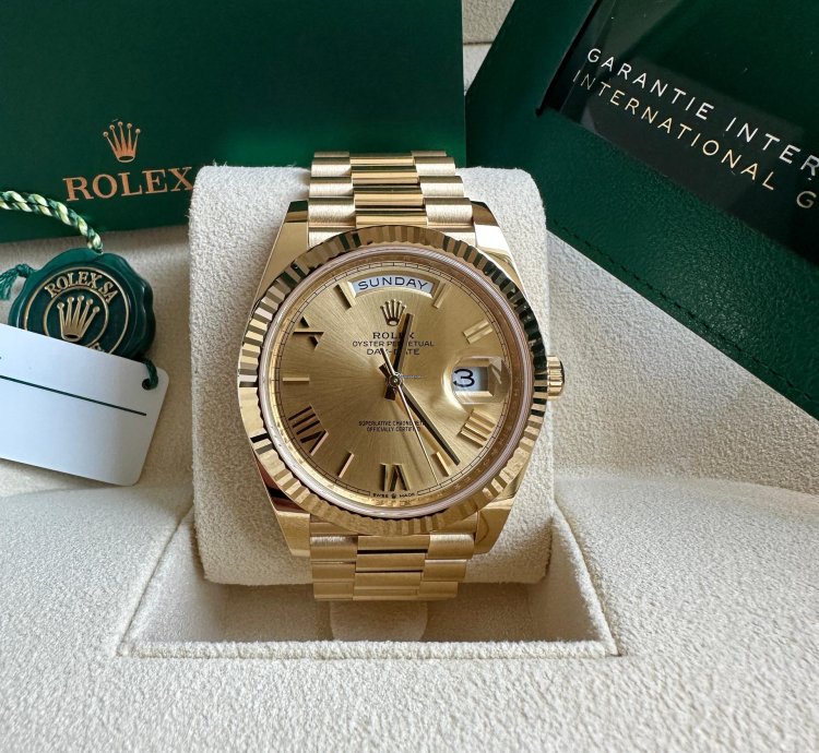 Rolex Day-date 40 New 2023 Champagne Gold Roman Dial President Bracelet Yellow Gold Fluted Bezel