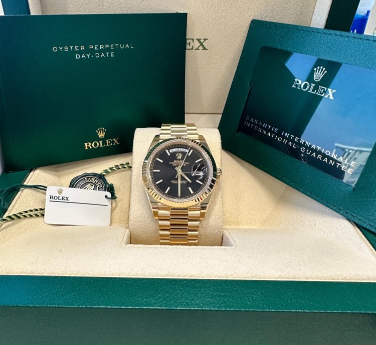 Rolex Day-date 40 New 2024 Black Index Dial Yellow Gold Fluted Bezel President Bracelet