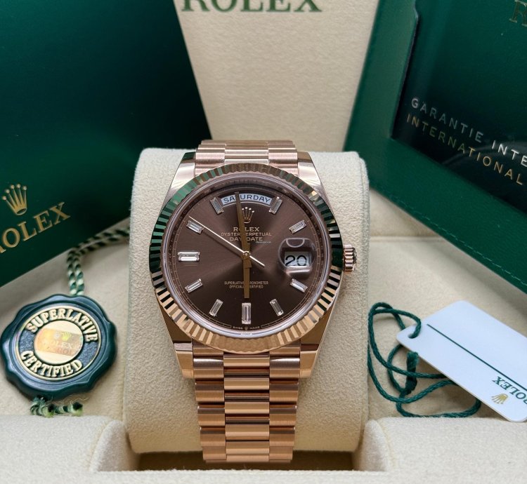 Rolex Day-date 40 New 2024 Chocolate Brown Baguette Diamond Dial Rose Gold President Bracelet