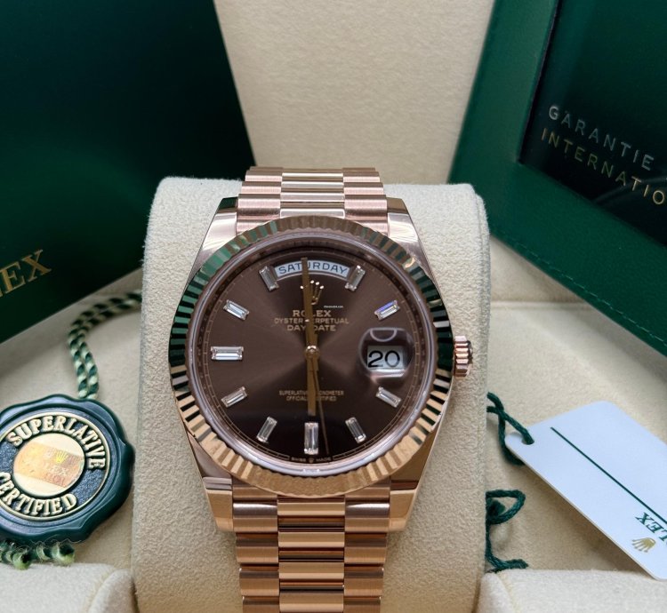 Rolex Day-date 40 New 2024 Chocolate Brown Baguette Diamond Dial Rose Gold President Bracelet
