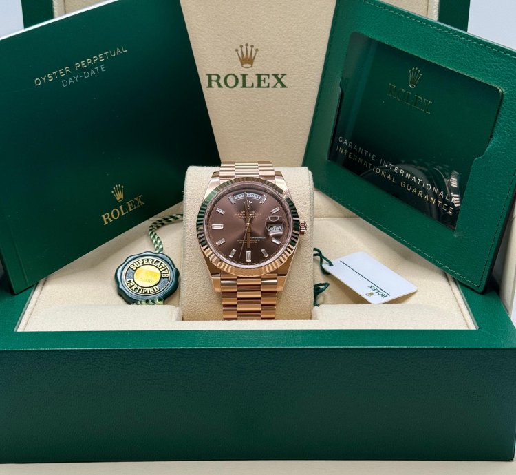 Rolex Day-date 40 New 2024 Chocolate Brown Baguette Diamond Dial Rose Gold President Bracelet