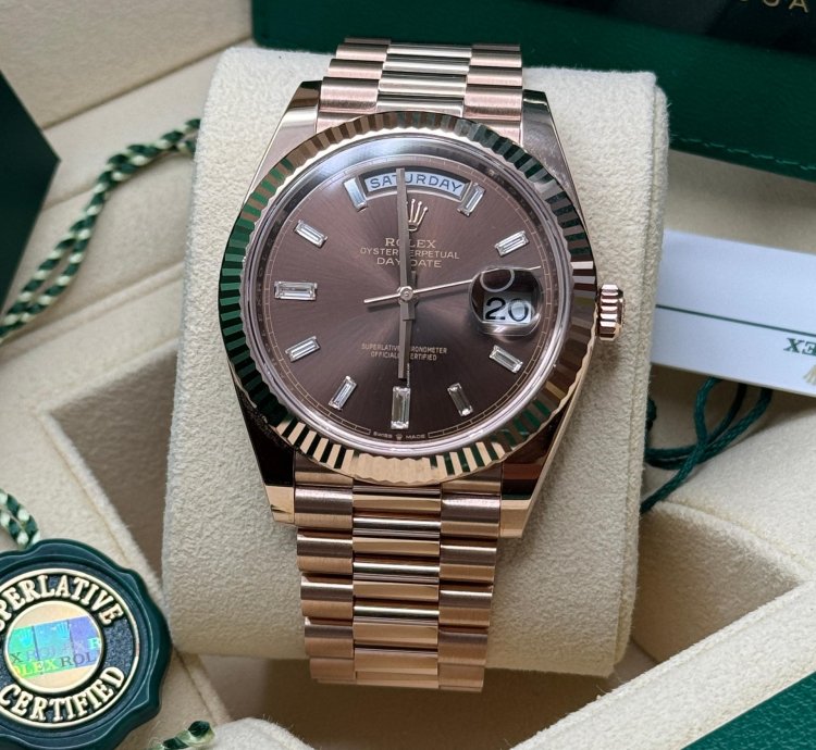 Rolex Day-date 40 New 2024 Chocolate Brown Baguette Diamond Dial Rose Gold President Bracelet