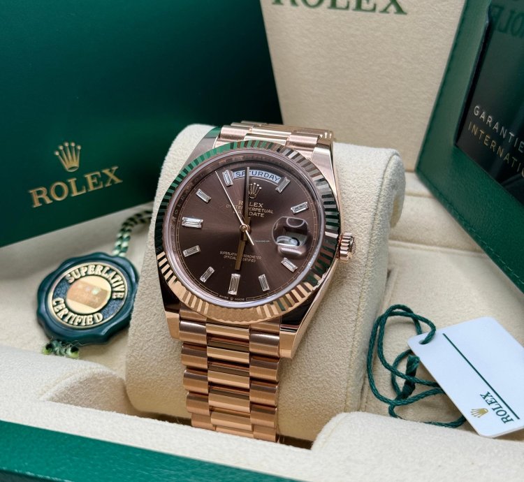 Rolex Day-date 40 New 2024 Chocolate Brown Baguette Diamond Dial Rose Gold President Bracelet