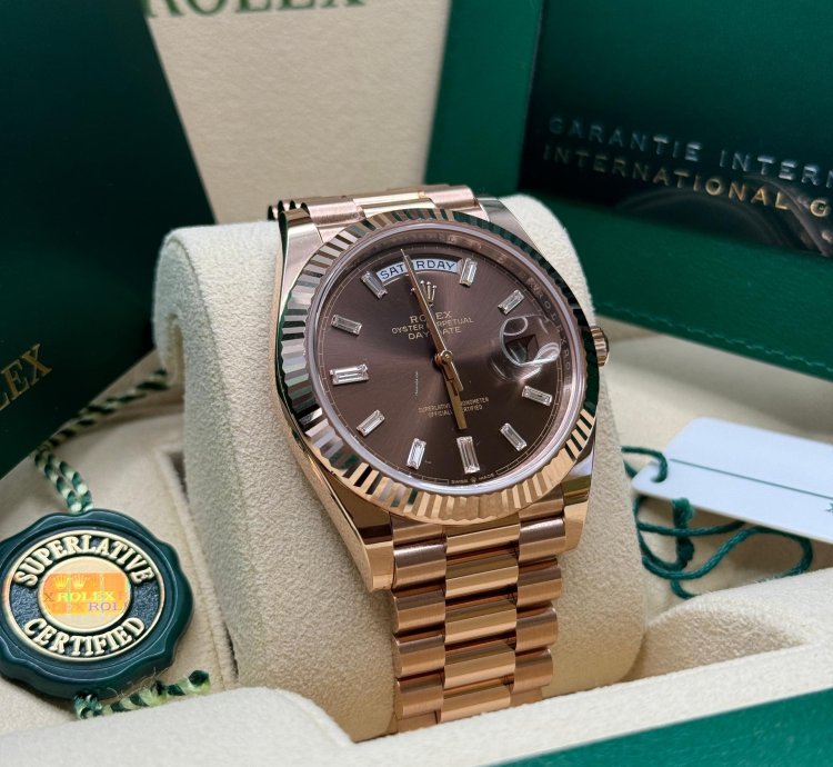 Rolex Day-date 40 New 2024 Chocolate Brown Baguette Diamond Dial Rose Gold President Bracelet