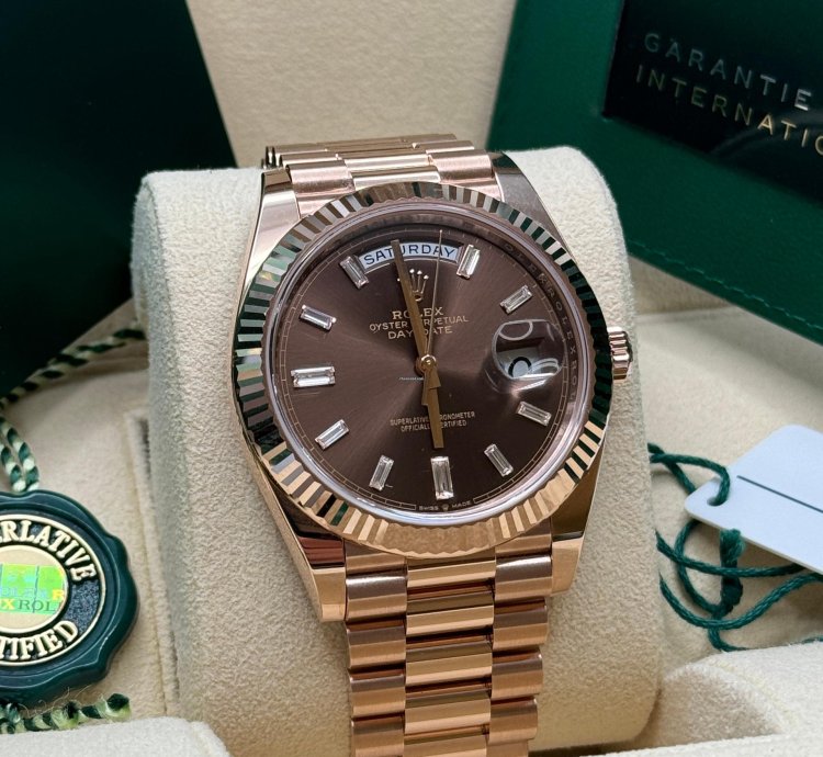 Rolex Day-date 40 New 2024 Chocolate Brown Baguette Diamond Dial Rose Gold President Bracelet