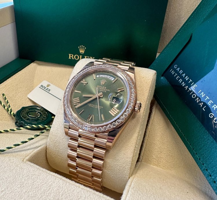 Rolex Day-date 40 New 2024 Olive Green Roman Dial Diamond Bezel President Bracelet Rose Gold