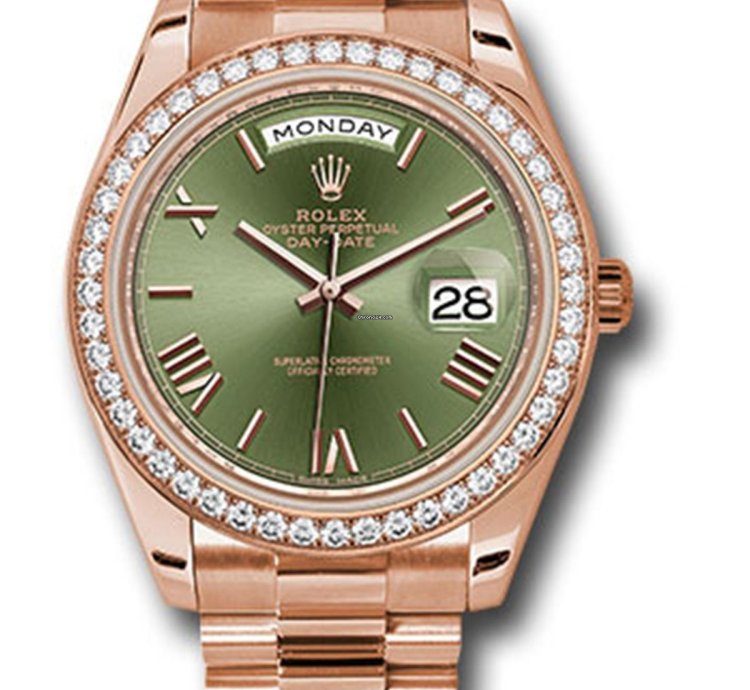 Rolex Day-date 40 New Day-date 40 Rose Gold 228345 Diamond Bezel Olive Green Roman Dial President Bracelet