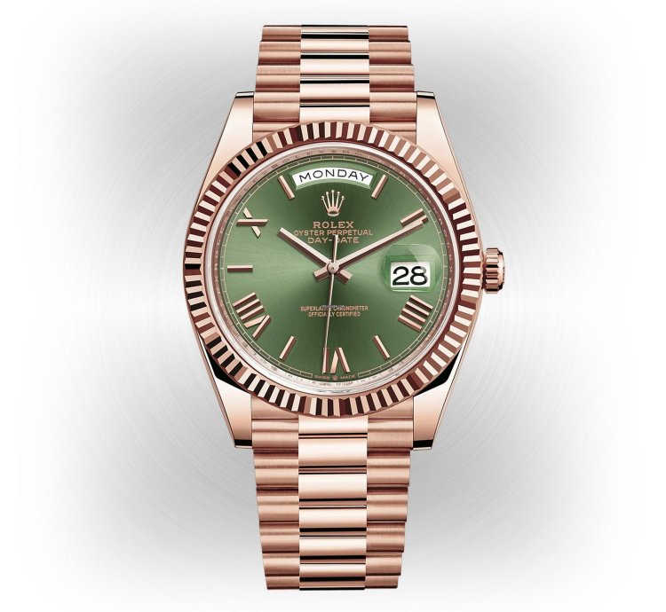 Rolex Day-date 40 New Day-date 40mm 228235 Rose Gold Fluted Olive Green Roman Dial Presidential