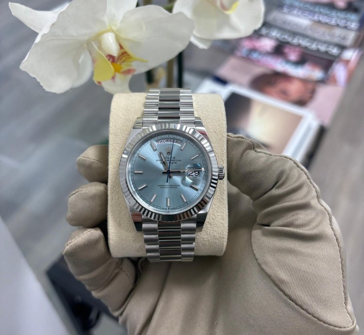 Rolex Day-date 40 Platinum Fluted Ice-blue Unworn 2024 Box And Papers