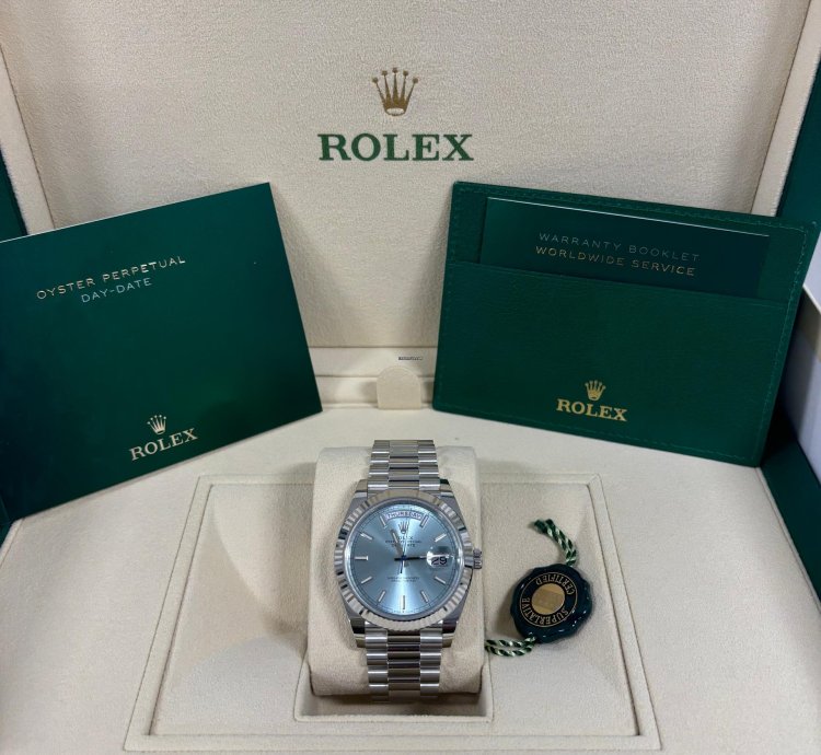 Rolex Day-date 40 Platinum Fluted Ice-blue Unworn 2024 Box And Papers