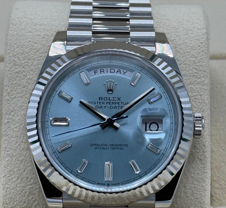 Rolex Day-date 40 Platinum Ice Blue Baguette Diamond New