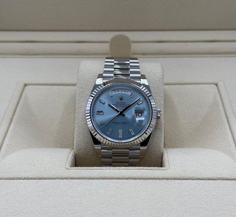 Rolex Day-date 40 Platinum Ice Blue Baguette Diamond New
