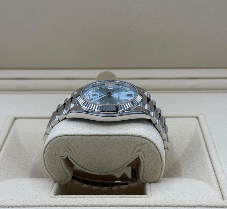 Rolex Day-date 40 Platinum Ice Blue Baguette Diamond New