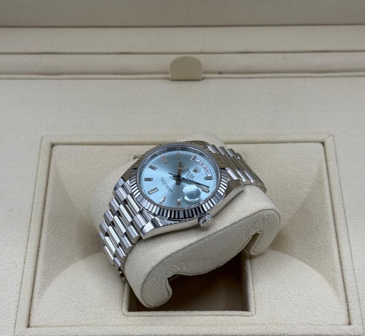Rolex Day-date 40 Platinum Ice Blue Baguette Diamond New