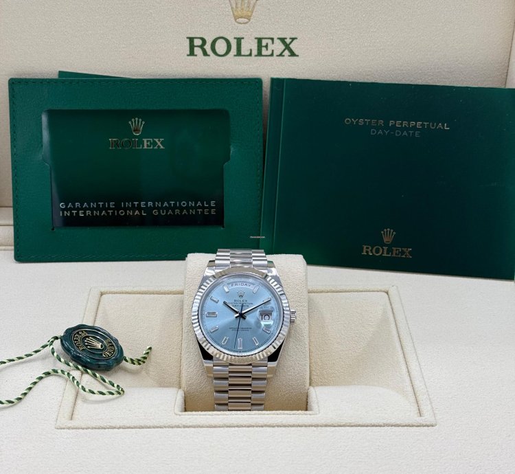 Rolex Day-date 40 Platinum Ice Blue Baguette Diamond New