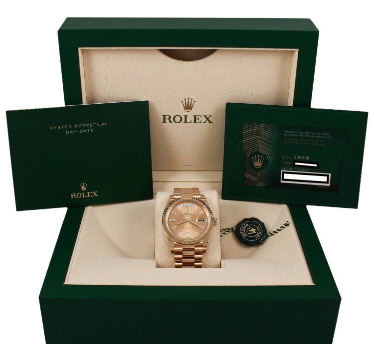 Rolex Day-date 40 President 2022 Yellow Gold Diamond Baguette Index Champagne Dial Full Set 228238
