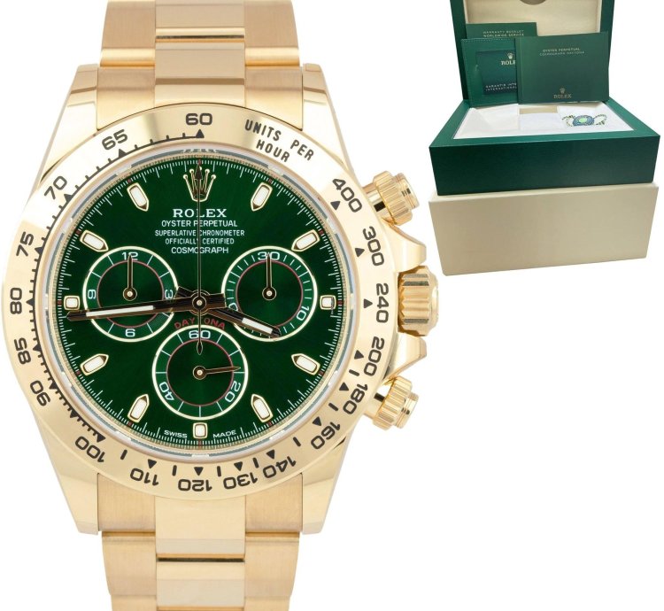 Rolex Daytona New Rolex Daytona Card Green Dial 40mm Yellow Gold Chronograph Watch 116508 Box