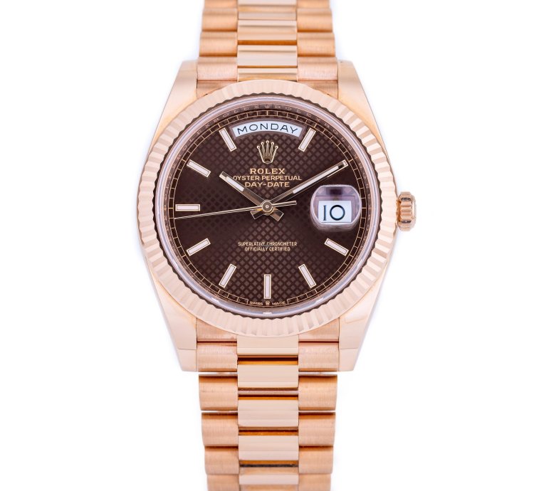 Rolex Day-date 40 Ref 228235 Chocolate Brown Motif Dial 18k Rose Gold 2019 Box And Papers
