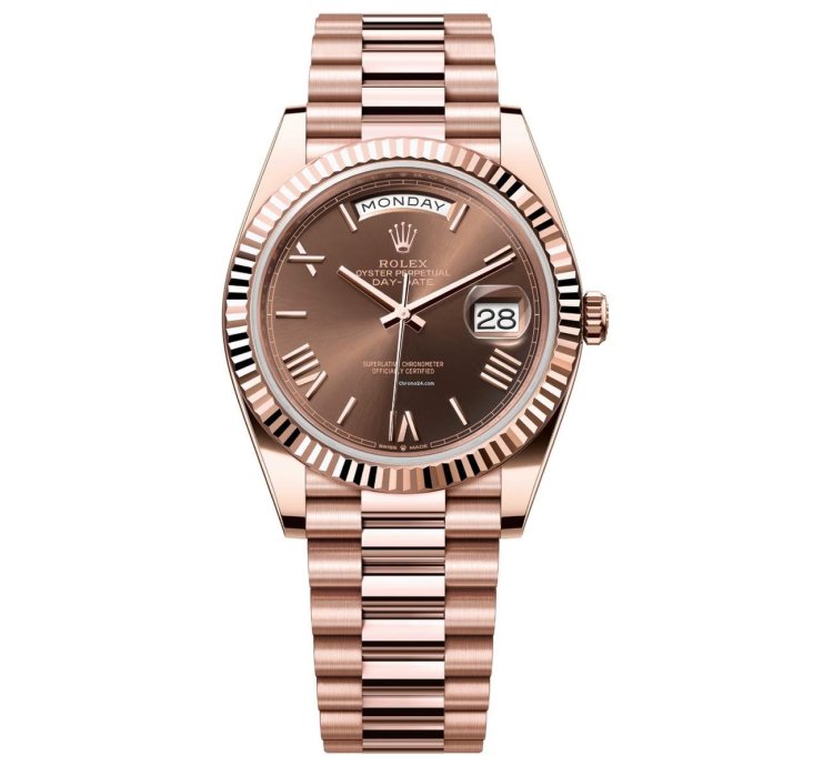 Rolex Day-date 40 Rose Gold Day-date 40 18kt Fluted Bezel 228235-0002 Chocolate Roman Dial President Bracelet 2024
