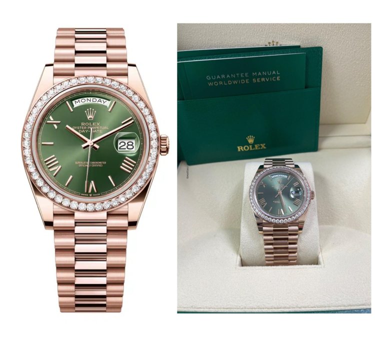 Rolex Day-date 40 Rose Gold Olive Green Roman Dial Diamond Bezel 228345rbr