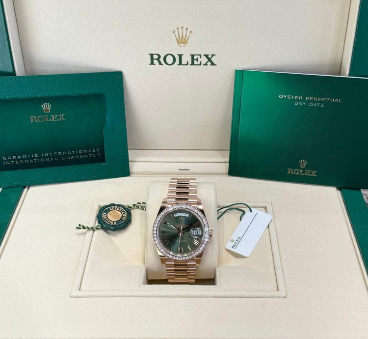 Rolex Day-date 40 Rose Gold Olive Roman Dial Diamond Bezel 2023