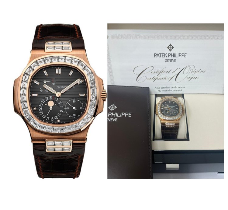 Patek Philippe Nautilus Rose Gold Diamond Bezel Moon Phase Brown Dial 5724r 001