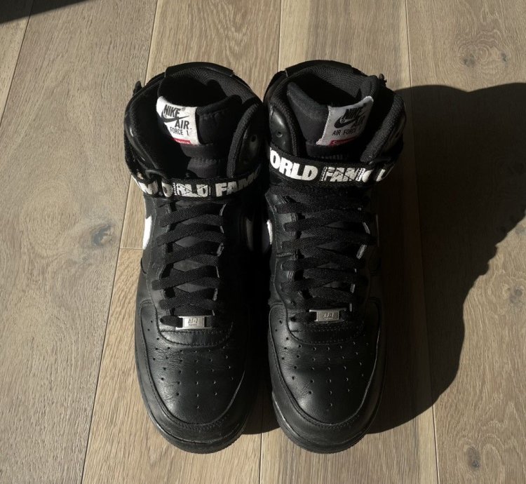 2014 Size 12 Supreme Nike Air Force 1 High Black World Famous