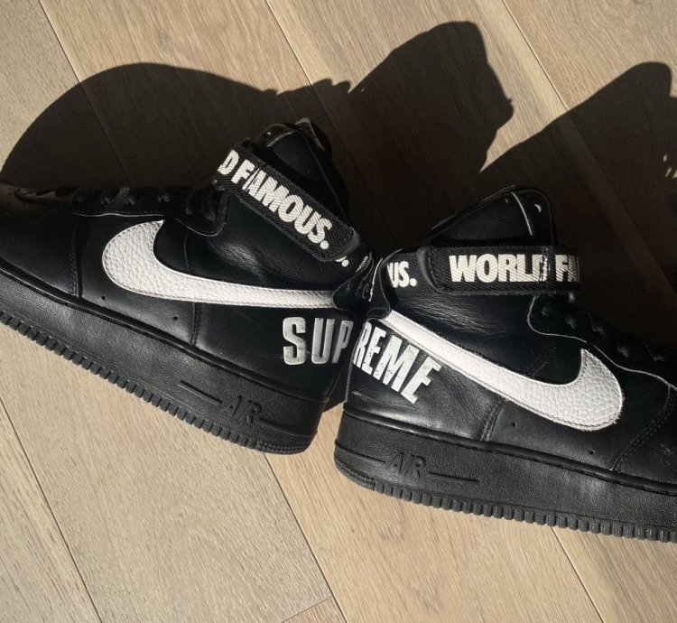 2014 Size 12 Supreme Nike Air Force 1 High Black World Famous