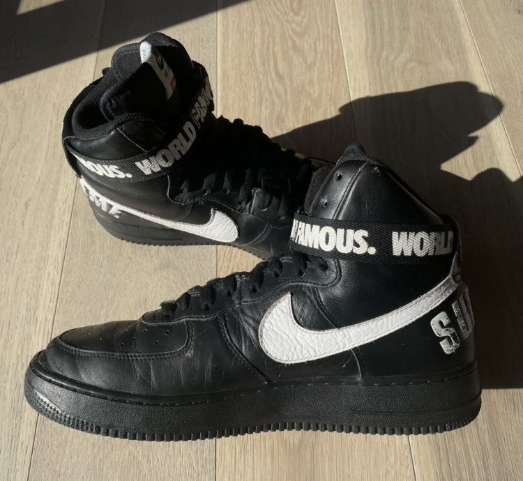 2014 Size 12 Supreme Nike Air Force 1 High Black World Famous