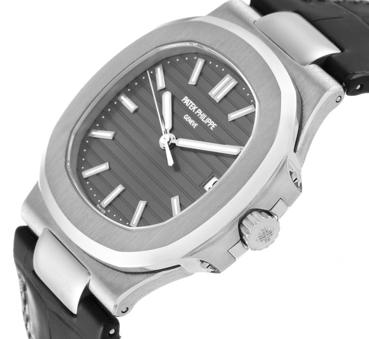 Patek Philippe Nautilus White Gold Black Strap Mens Watch 5711 Box Papers