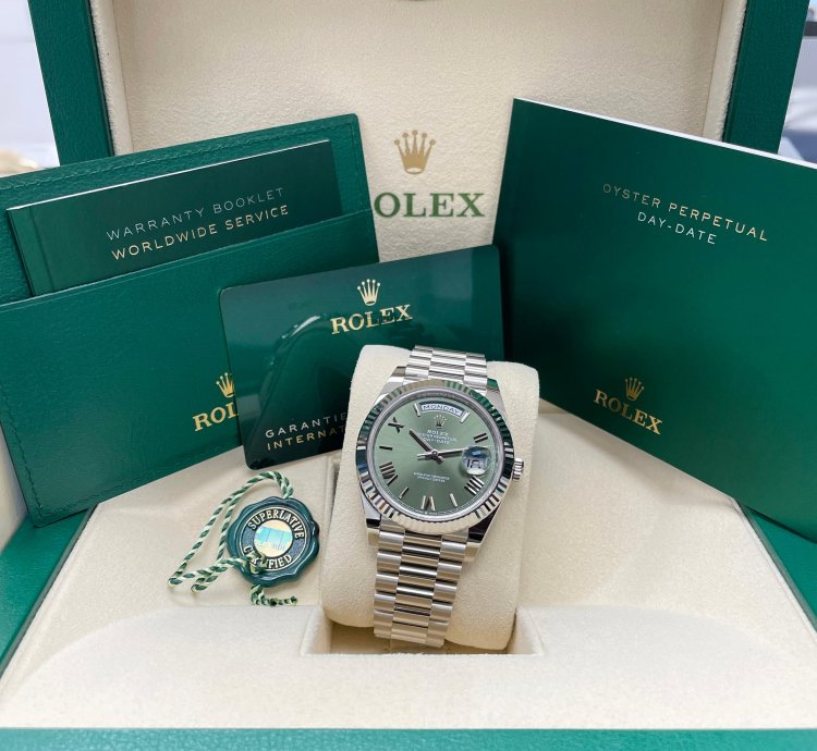 Rolex Day-date 40 Unworn Olive Green Roman Dial 40mm White Gold Fluted Bezel 228239 President Bracelet