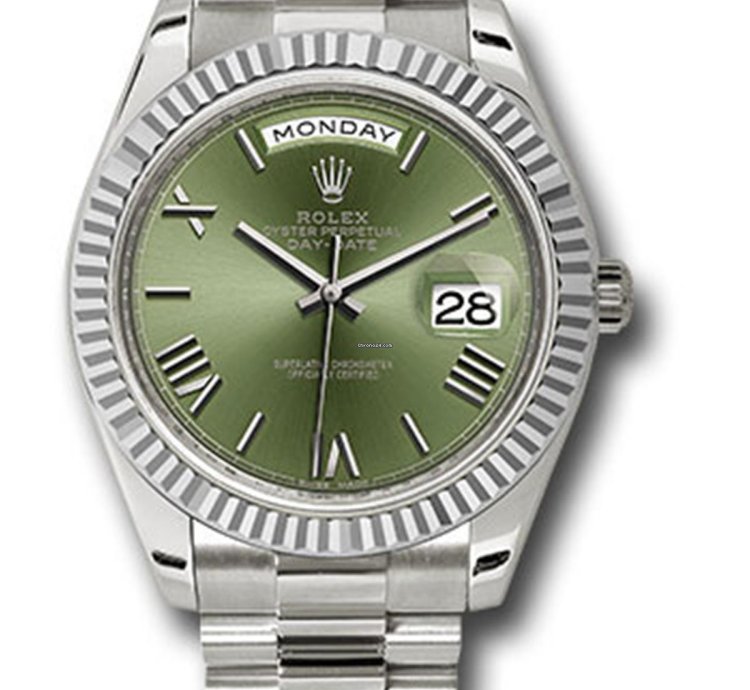 Rolex Day-date 40 Unworn Olive Green Roman Dial 40mm White Gold Fluted Bezel 228239 President Bracelet