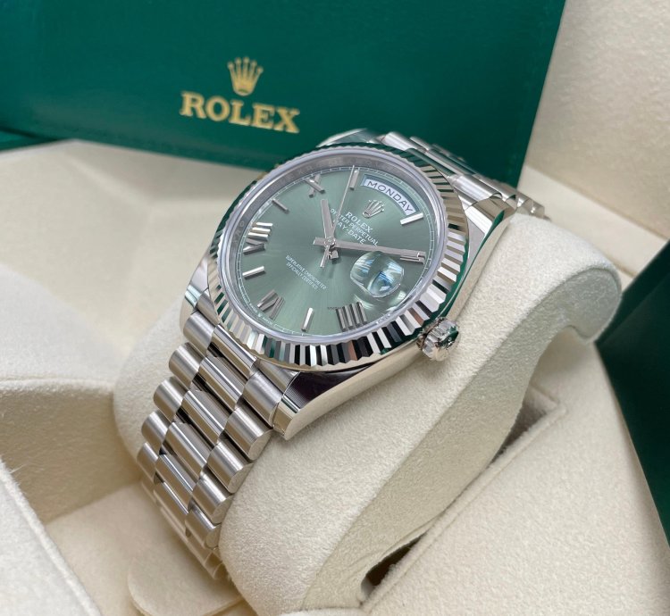 Rolex Day-date 40 Unworn Olive Green Roman Dial 40mm White Gold Fluted Bezel 228239 President Bracelet
