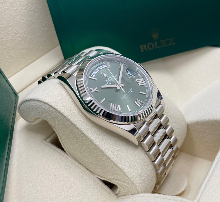 Rolex Day-date 40 Unworn Olive Green Roman Dial 40mm White Gold Fluted Bezel 228239 President Bracelet